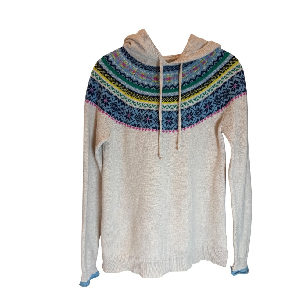 Tabitha Webb Womens Small Wool Blend Fair Isle Hoodie Sweater Beige Multi Color